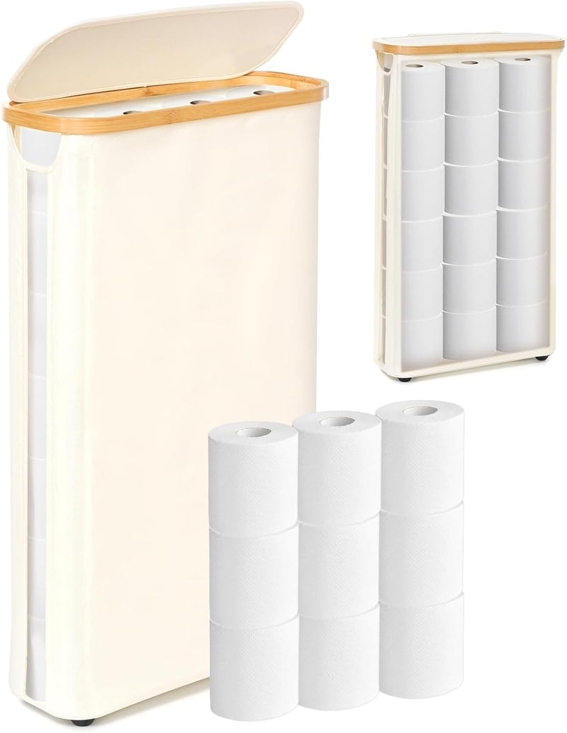 GARPROVM Extra Large Toilet Paper Storage, Slim Free Standing Toilet Roll Storage Basket with Lid See Through Window, Waterproof TP Storage Holder Stand for 24 Regular Rolls or 18 Mega Rolls, Beige - Image 1